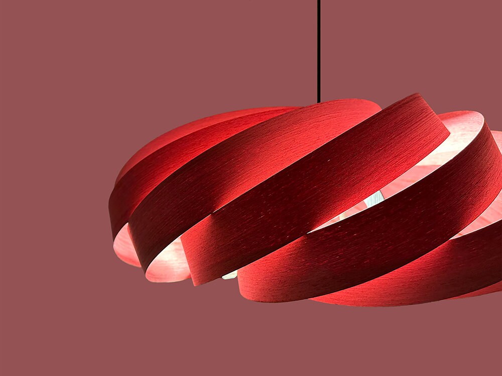 Veneer Pendant Light, Handmade Lamp, Ceiling lamp, Home Decor, Red Chandelier, Industrial Lamp, Wood Lampshade