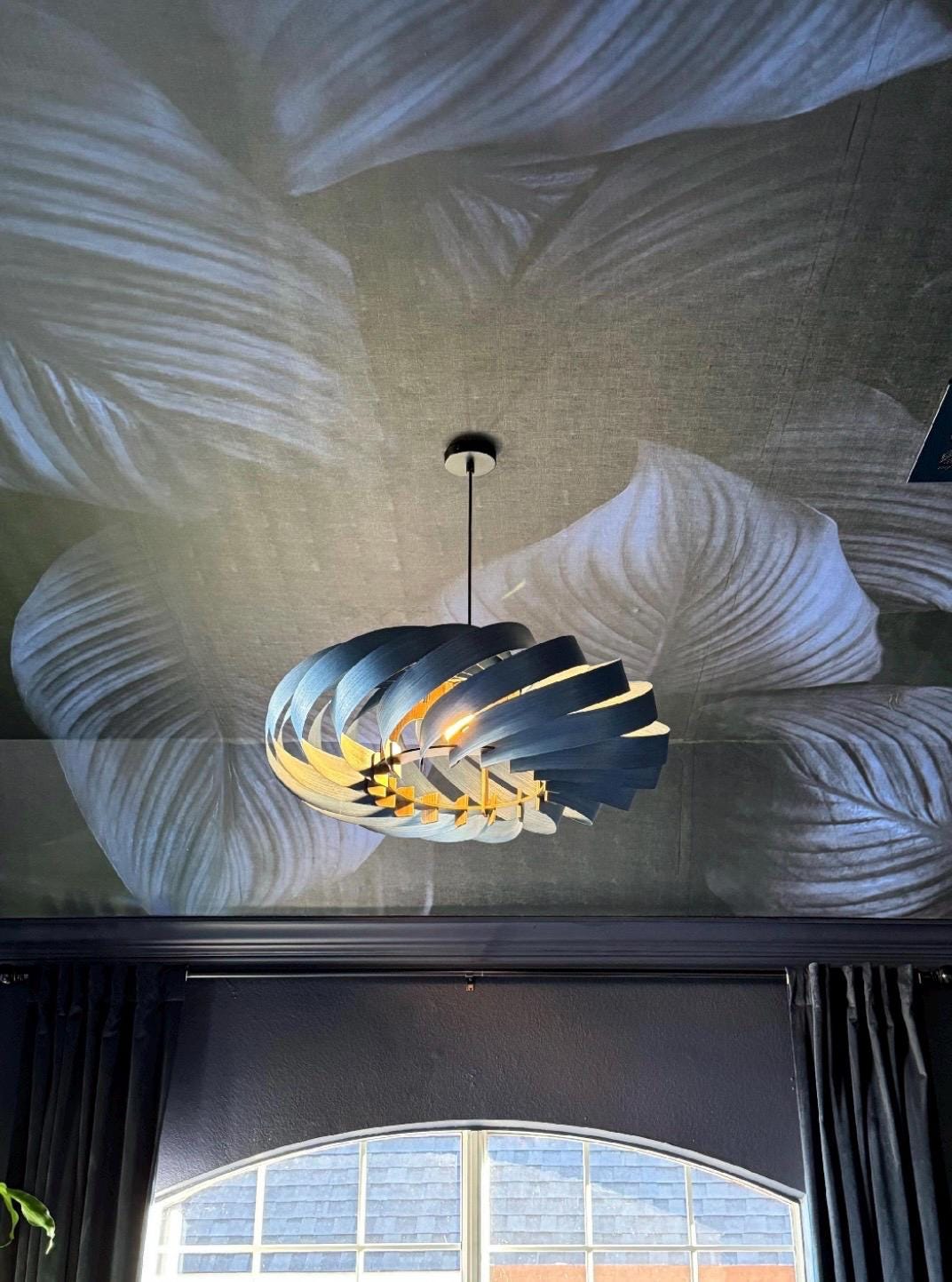 Blue Chandelier, Wood Pendant Light, Tall Chandeliers, Handmade Lamp, Ceiling lamp, Home Decor, Outdoor string lights, Wood chandelier