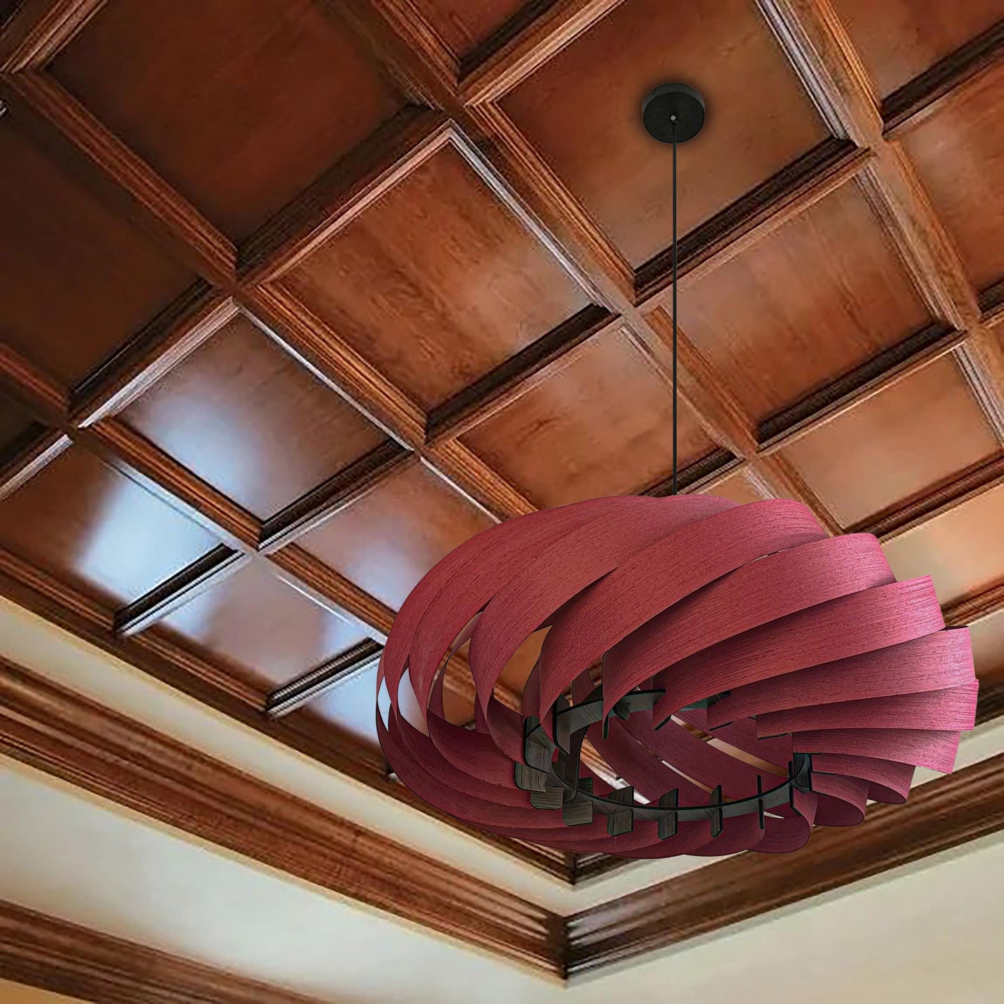 Veneer Pendant Light, Handmade Lamp, Ceiling lamp, Home Decor, Red Chandelier, Industrial Lamp, Wood Lampshade