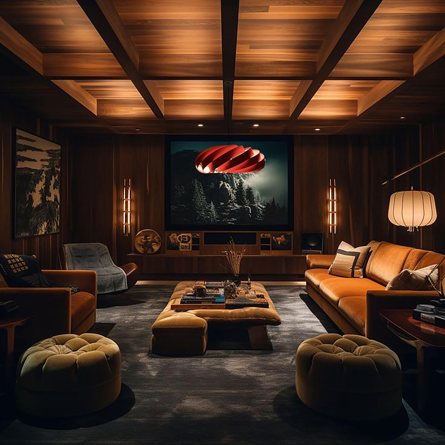 Veneer Pendant Light, Handmade Lamp, Ceiling lamp, Home Decor, Red Chandelier, Industrial Lamp, Wood Lampshade